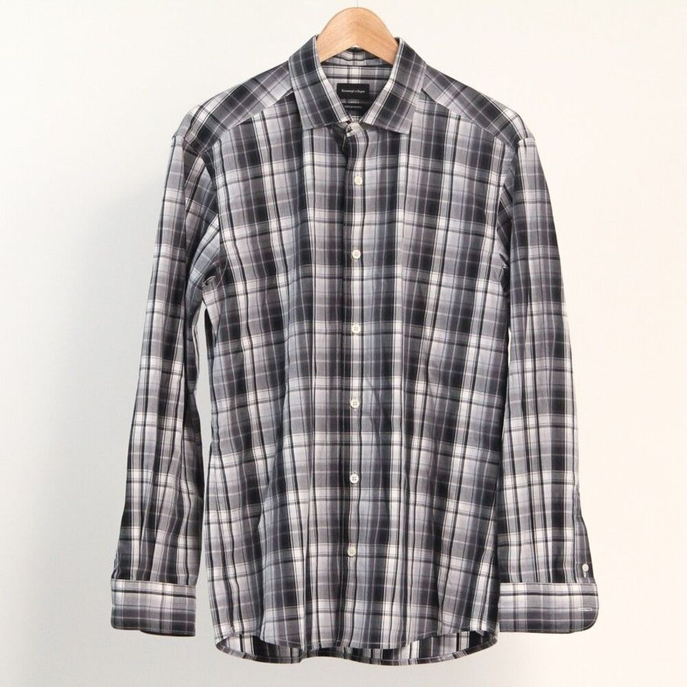 Ermenegildo Zegna Cento Quaranta Cotton B&W Plaid Button Down Shirt, Medium